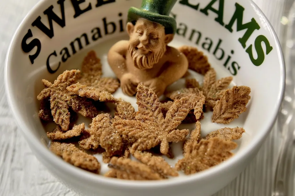 A white bowl with a green and black inscription "Sweet Cannabis Dreams" holds a small figurine of a leprechaun in a green hat. The bowl is filled with brown, leaf-shaped cereal. The cereal appears to be sprinkled with a layer of edible glitter. The bowl is sitting on a white surface.
