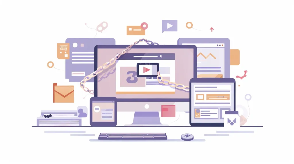 A desktop computer with a website open on the screen, showcasing a video player with the number '3' displayed. A chain links the video player to other devices, including a smartphone, a tablet, and a laptop. The image depicts the concept of interconnected devices and multimedia content.  Various icons like play buttons, mail, and shopping carts are scattered around the devices, suggesting a digital environment. The image is done in a flat design style with vibrant colors.