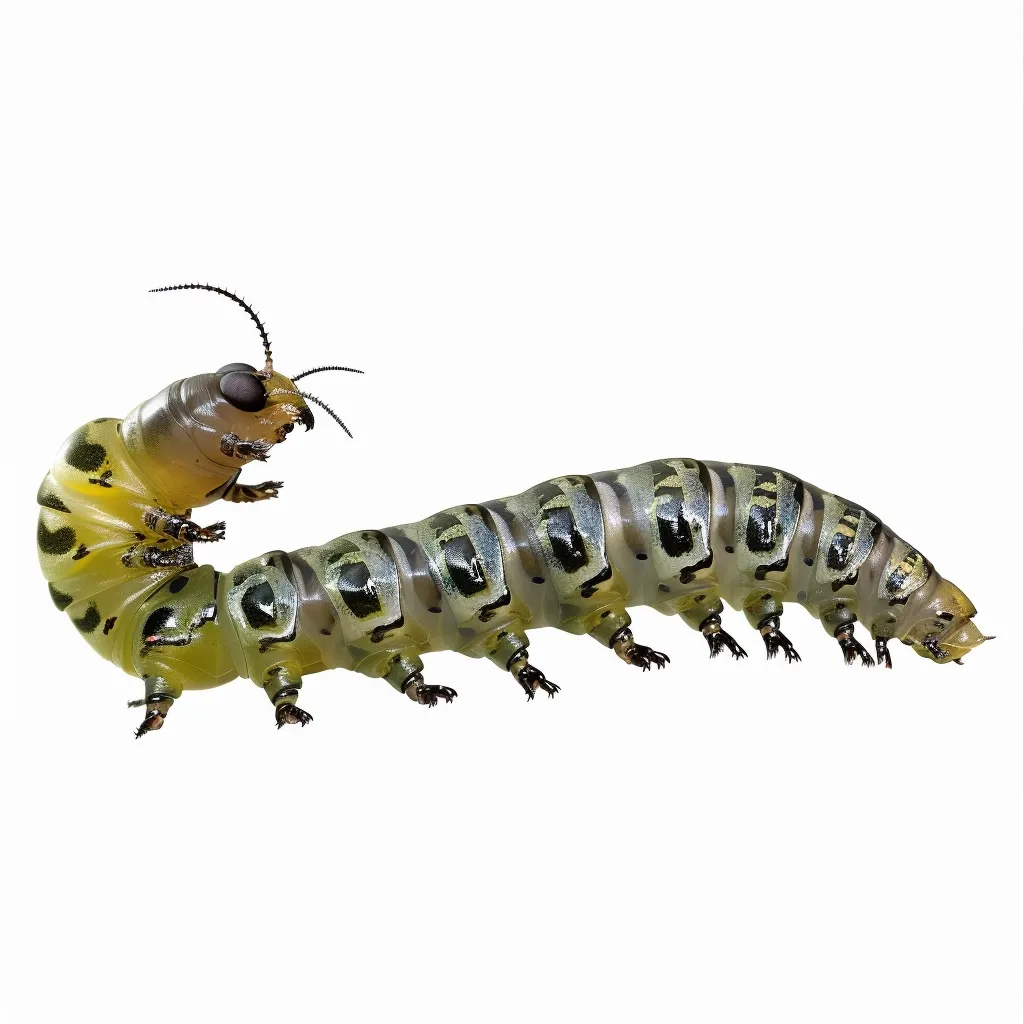 A large, green caterpillar with black markings is shown curled up in a "C" shape. Its head is raised with two small antennae. Its translucent body reveals its inner workings, and it has several pairs of legs. It is positioned on a white background.