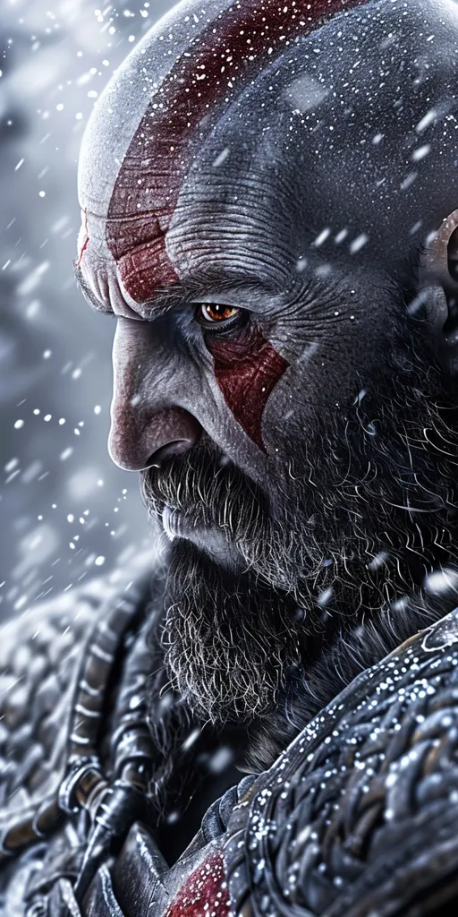 A close-up of Kratos from God of War, his face marked with a red scar, and a long, thick beard.  Snow falls around him, as he stares intently off-screen.  His rugged armor and hardened expression convey strength and determination.