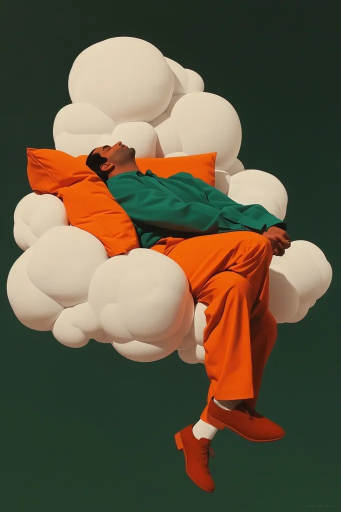 A man in a green shirt and orange pants is relaxing on a cloud-shaped chair. He is leaning back, eyes closed, with his legs dangling over the side. He has a serene expression, suggesting he is enjoying a moment of peace. The cloud-shaped chair adds to the whimsical and dreamlike atmosphere of the image. The background is a deep green, which contrasts with the bright colors of the man and his chair, adding to the overall sense of tranquility.
