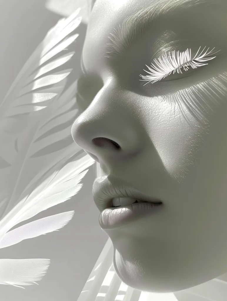 A close-up of a woman's face, partially obscured by white feathers. The woman's eye is closed, her long eyelashes are visible. Her lips are slightly parted, and her skin is smooth and pale. The overall tone is soft and ethereal. The light is coming from the left, casting shadows on the woman's face.  The image is monochromatic, with shades of white and gray.  The feathers provide a sense of delicacy and fragility.