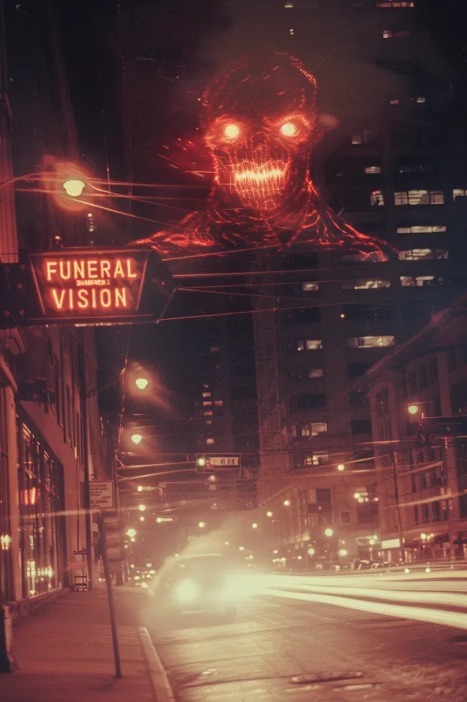 A glowing red skeletal figure looms over a city street at night. Streetlights illuminate the buildings and the ground. A car drives in the distance, leaving a trail of light. The sign above reads "FUNERAL VISION."  The scene has an eerie and unsettling atmosphere.
