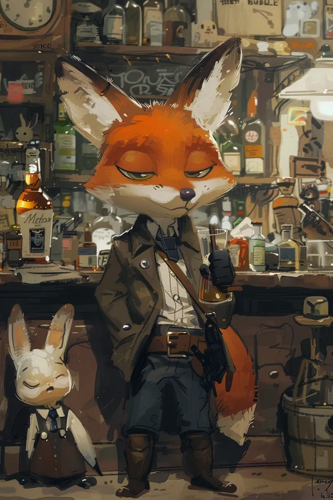 A sly-looking fox in a brown jacket and blue pants leans against a bar counter, holding a glass of amber liquid. He is wearing a white shirt, a tie, and a belt with a gun holster. Beside him, a white rabbit in a similar outfit stands with a closed expression. The bar is dimly lit and filled with shelves of bottles.  The scene is reminiscent of a western saloon, with a rustic atmosphere.