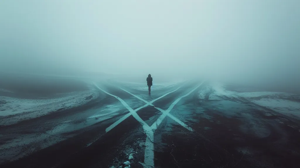A solitary figure walks down a road shrouded in thick fog. White lines mark a fork in the road, leading to an uncertain destination. The scene is atmospheric and evokes a sense of mystery and isolation. The fog obscures the surroundings, creating a sense of depth and unknown.  The image captures a moment of solitude and introspection.