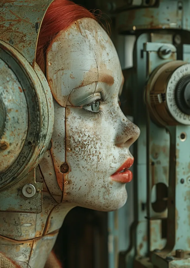 The image shows a close-up of a woman's face, her red hair partially obscured by a large, rusty, metal helmet. Her face is pale and painted with freckles, and her lips are painted a bright red. The background is blurry and out of focus, suggesting a metallic, industrial setting. The overall effect is one of both beauty and decay.
