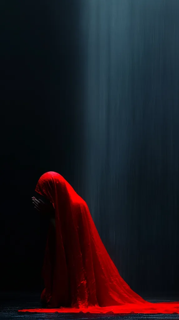 A person wearing a flowing red cloak is kneeling in a dark, empty space. The figure is obscured by the cloak and the darkness, and only the outline of the person is visible. The background is a dark, textured wall with a faint light source on the right side. The image creates a sense of mystery and isolation.  The red cloak contrasts with the dark background and creates a dramatic effect.