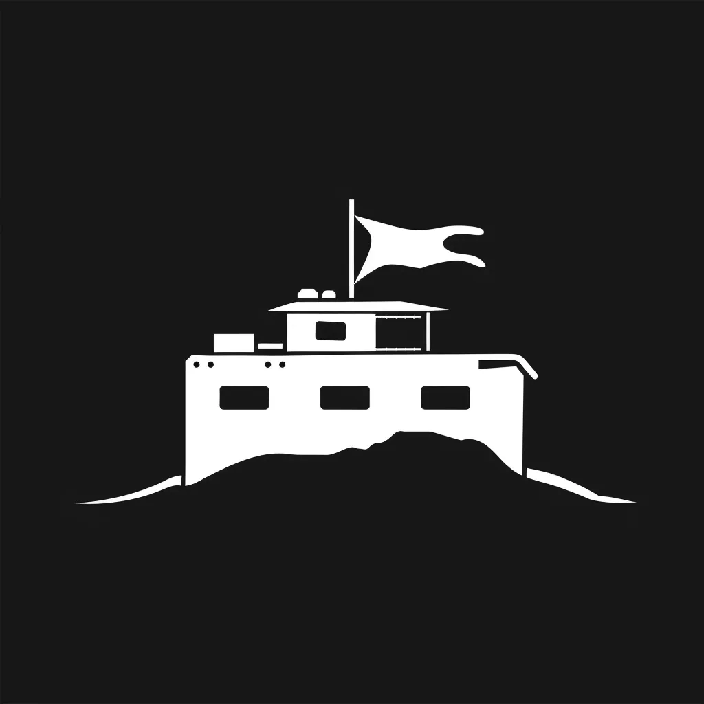 A simple, white silhouette of a ship with a flag on a black background. The ship has a rectangular hull with three windows and a rectangular cabin on top.  It is partially submerged in the water, suggesting it is sailing.  The image is minimal and stylized, with a focus on the ship's form.