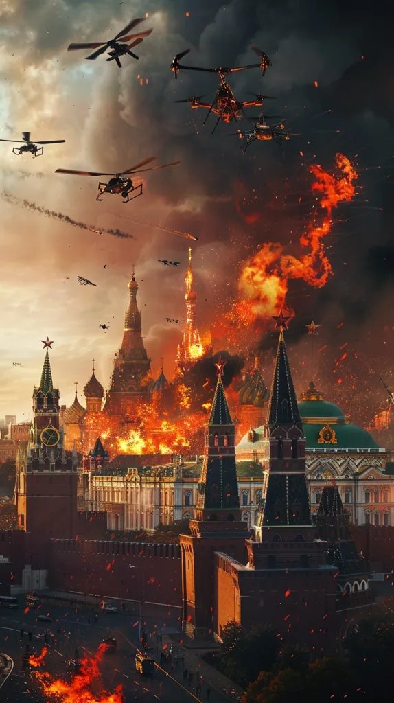 The image depicts the Kremlin, a famous landmark in Moscow, engulfed in flames. Several drones fly overhead against a backdrop of smoke and fire. The scene is chaotic and dramatic, suggesting an attack or disaster.  The fiery blaze illuminates the surrounding buildings, casting an eerie glow on the scene.