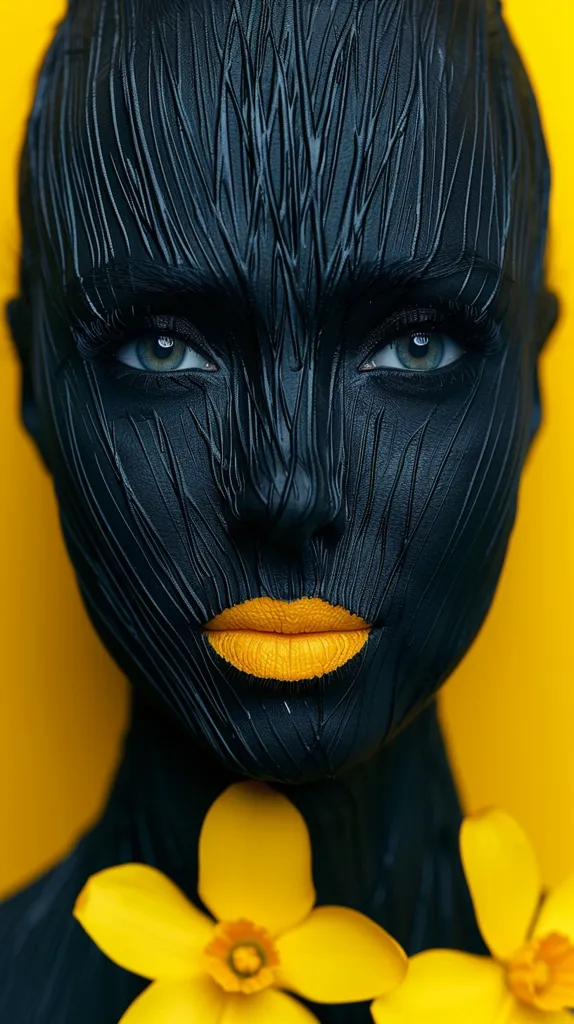 A person with black face paint, covering their entire face and neck, except for a bright yellow lipstick. Their eyes are accentuated with dark eyeliner and mascara. They are positioned against a vibrant yellow backdrop, with a yellow flower partially covering their chest. The image is striking and features a strong contrast between black and yellow.  The textured black paint creates a unique and artistic effect.