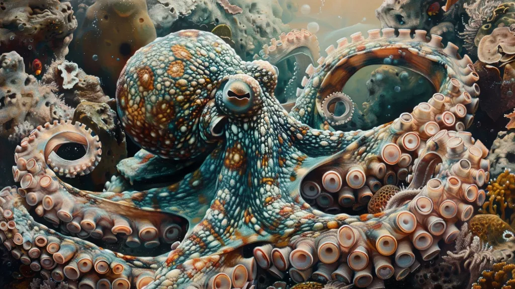 A vibrant octopus with a blue, green, and orange mottled skin is shown in a close-up view. The octopus's many tentacles are curled around itself and surrounding coral and seaweed, showing off the intricate details of its suckers. The octopus's eye is prominent, looking directly at the viewer.  The image is a study in texture and color, highlighting the beauty of the underwater world.