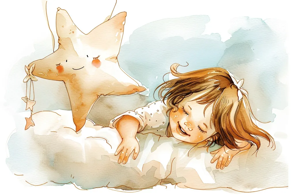 A watercolor illustration of a young girl with brown hair sleeping on a cloud-like pillow. She is smiling and her eyes are closed. A large, smiling, yellow star with dangling stars is beside her. The artwork is done in a soft, dreamy style, suggesting a peaceful and happy sleep.