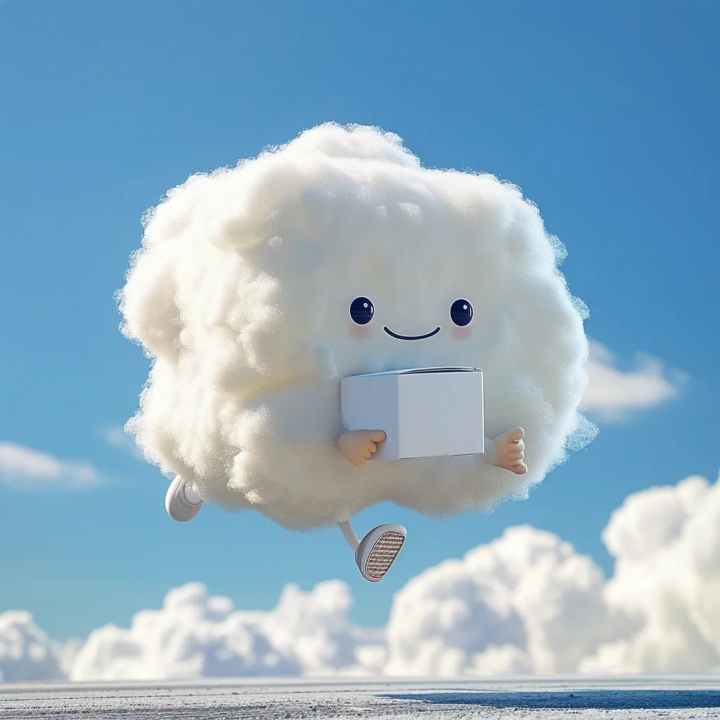 A fluffy white cloud with a smiling face is running through the air, carrying a white box in its hands. It is wearing white shoes with brown soles. The cloud is set against a background of blue sky and fluffy white clouds.