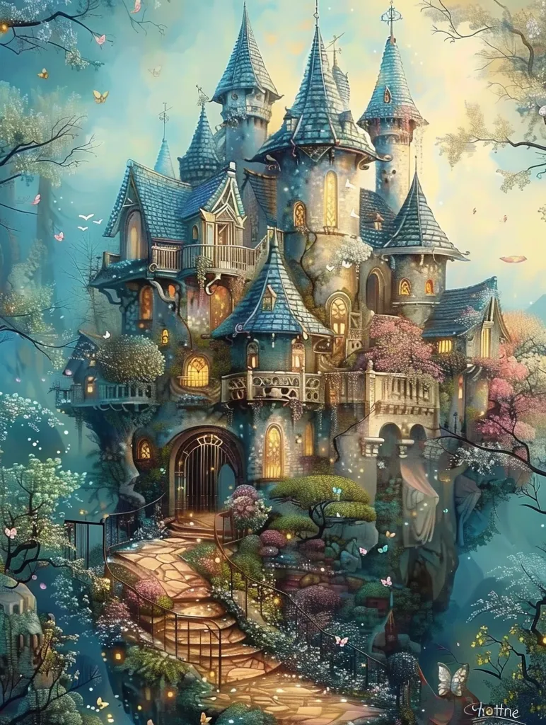 A fairytale castle sits atop a cliff, nestled amongst lush greenery and vibrant blossoms. The stone structure boasts intricate details, towering spires, and glowing windows. A winding stone path leads up to the castle's entrance, inviting the viewer on a journey into a world of enchantment.  Butterflies flutter in the air, adding to the magical ambiance.