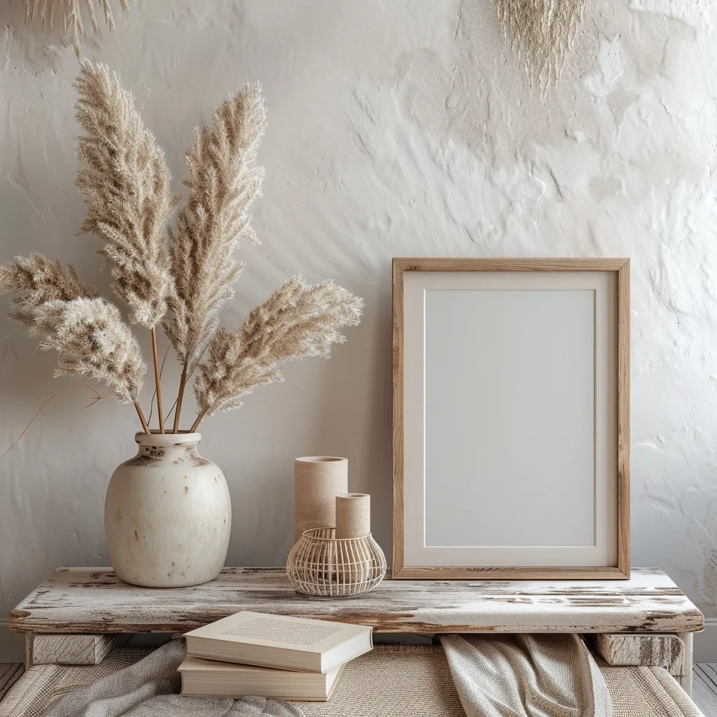A wooden framed picture sits on a rustic whitewashed table. It is surrounded by fluffy pampas grass in a cream-colored vase, two beige candles and a woven basket. The background is a textured white wall. The image evokes a feeling of calm and serenity.