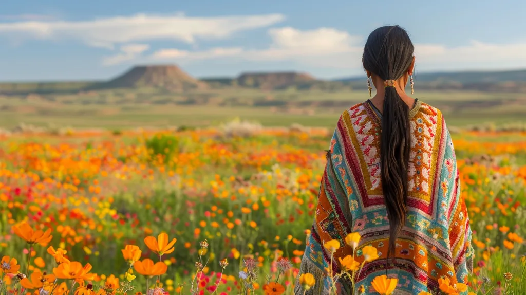 A woman with long dark hair stands in a field of bright orange wildflowers. She is wearing a colorful poncho with intricate patterns. The woman is looking out over the field, seemingly lost in thought. The hills in the distance are a blur of green and brown. The sky is a pale blue, with a few wispy clouds. The scene is peaceful and serene.