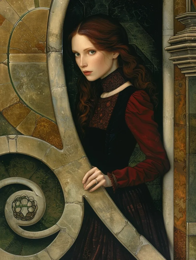 A young woman with long red hair stands partially hidden behind a large, ornate, stone archway. She is dressed in a long, red and black dress with a high, black collar. Her expression is serious and thoughtful. The background is dark and shadowy, creating a sense of mystery and intrigue.  The image suggests a story of secrets and hidden desires.