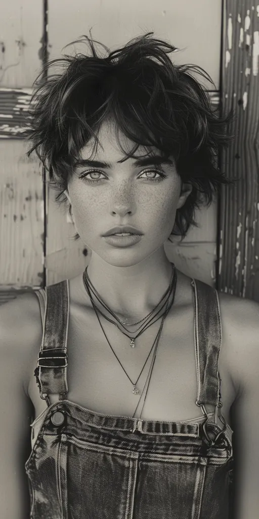 A young woman with short, choppy hair and a serious expression gazes directly at the camera. She wears multiple necklaces and a pair of denim overalls. Her face is illuminated by soft light, highlighting her freckled skin and piercing blue eyes. The overall tone of the image is moody and introspective.