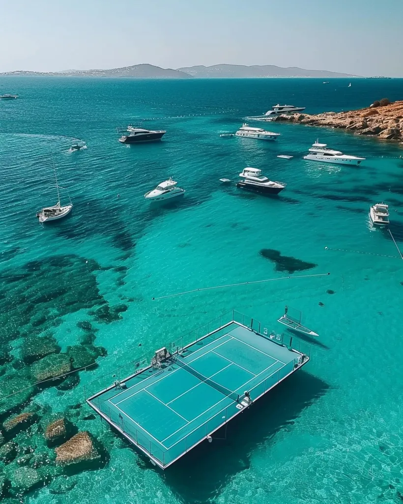 An aerial view of a turquoise ocean with a floating tennis court in the center. The court is surrounded by a crystal clear, shallow water with several boats and yachts anchored nearby. The horizon shows distant islands and a clear blue sky.  The scene offers a glimpse of a luxurious and serene getaway.