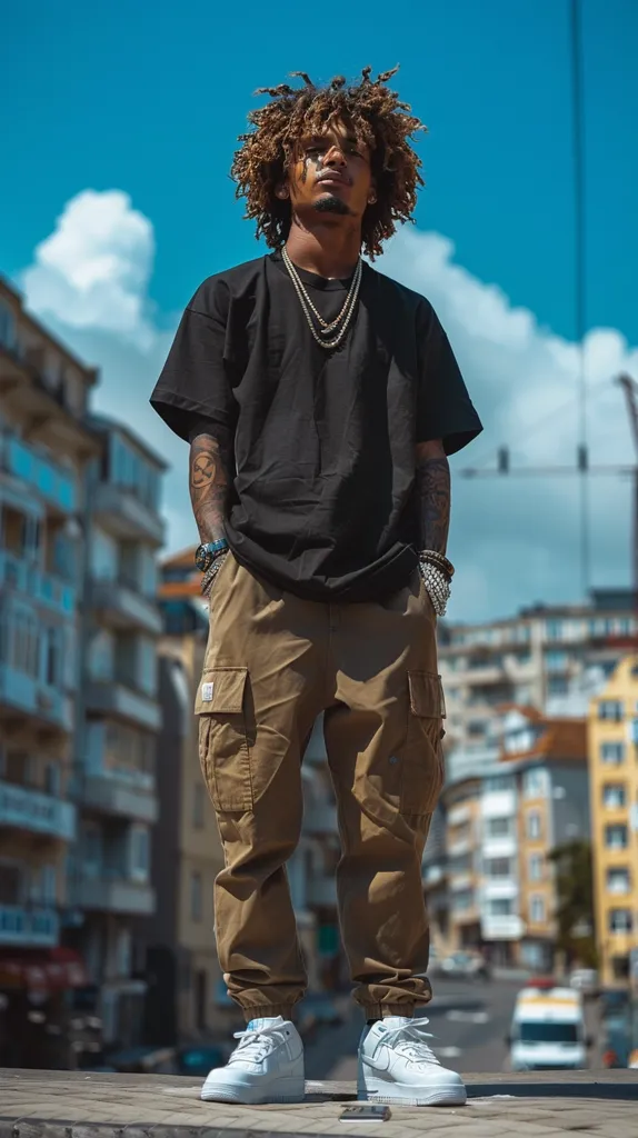 A young man with dreadlocks is standing in front of a building with his hands in his pockets. He is wearing a black t-shirt, brown cargo pants, and white sneakers. He has a gold chain around his neck and a bracelet on his wrist. The sky is blue with white clouds and there are buildings in the background.