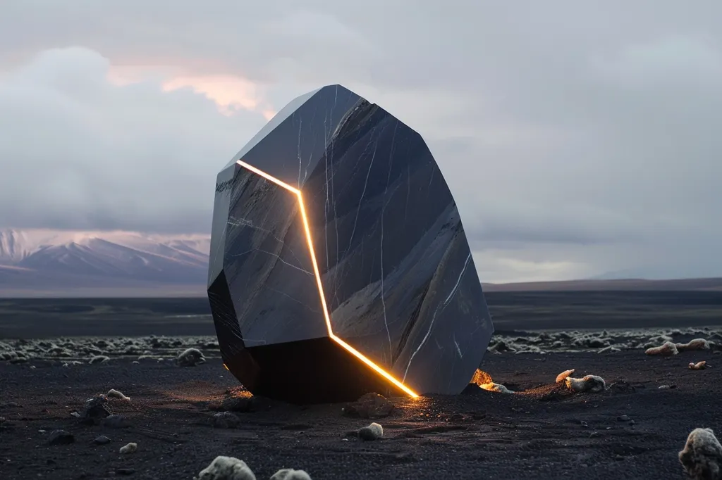 A large, dark, angular stone, seemingly made of polished black marble, sits on a dark, volcanic sand plain.  The stone is illuminated by a bright, golden light that runs in a diagonal line across its surface, emanating from within. The scene is set against a backdrop of distant mountains and a cloudy sky.
