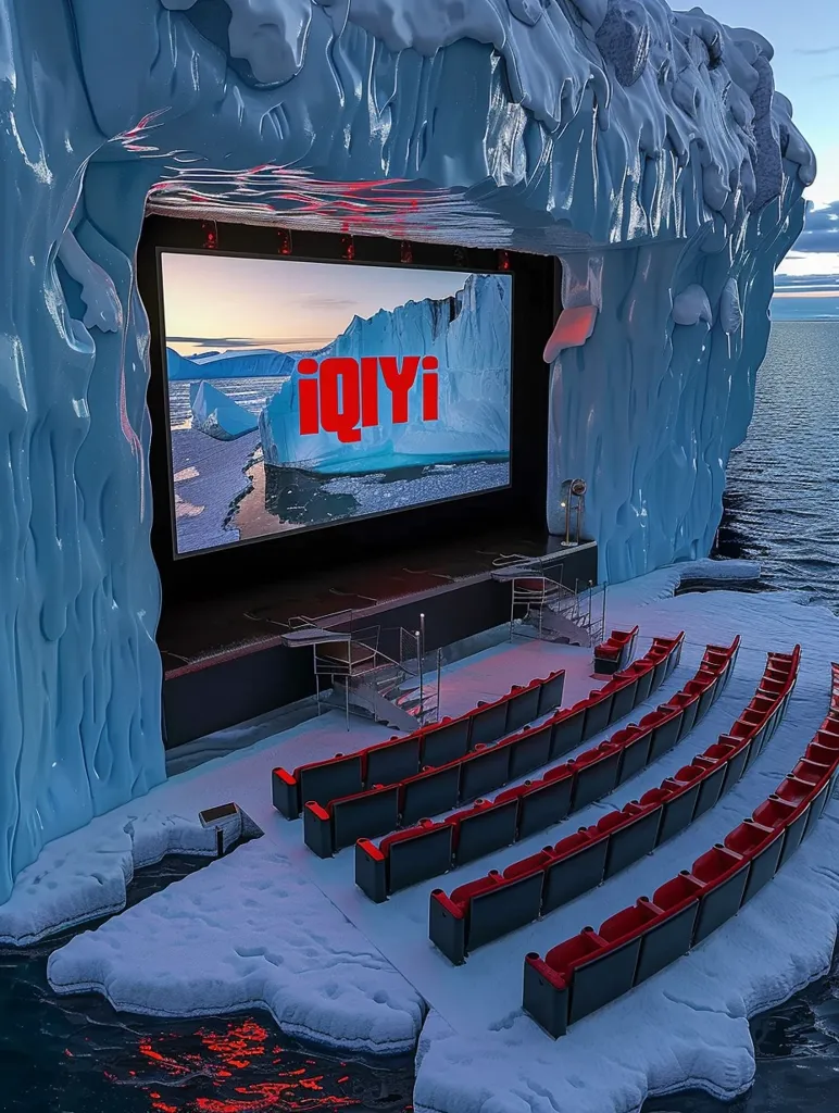 An outdoor movie theatre is built into a large ice structure, with a massive screen displaying the logo "iqiyi" and rows of red seats facing the screen. The structure sits on a frozen body of water with a stunning sunset in the background. The image depicts a unique and immersive cinematic experience.