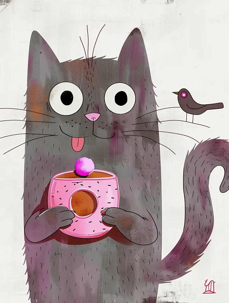 A cartoon cat with large, round eyes is holding a pink donut with a white sprinkle on top. The cat has its tongue sticking out, and its tail is curled around its body. A small black bird with pink beak is perched on the cat's back. The illustration is set against a light grey background.