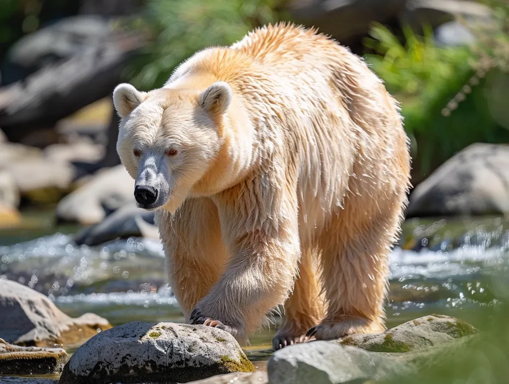 A large, white bear with a creamy coat stands in a shallow river. The bear's fur is soft and fluffy, and its eyes are dark and intense. The river is flowing gently, and the water is clear. The bear is looking off to the side, its gaze fixed on something beyond the frame of the image. The light is bright, illuminating the bear and the surrounding environment. The bear's presence is both majestic and slightly unsettling.