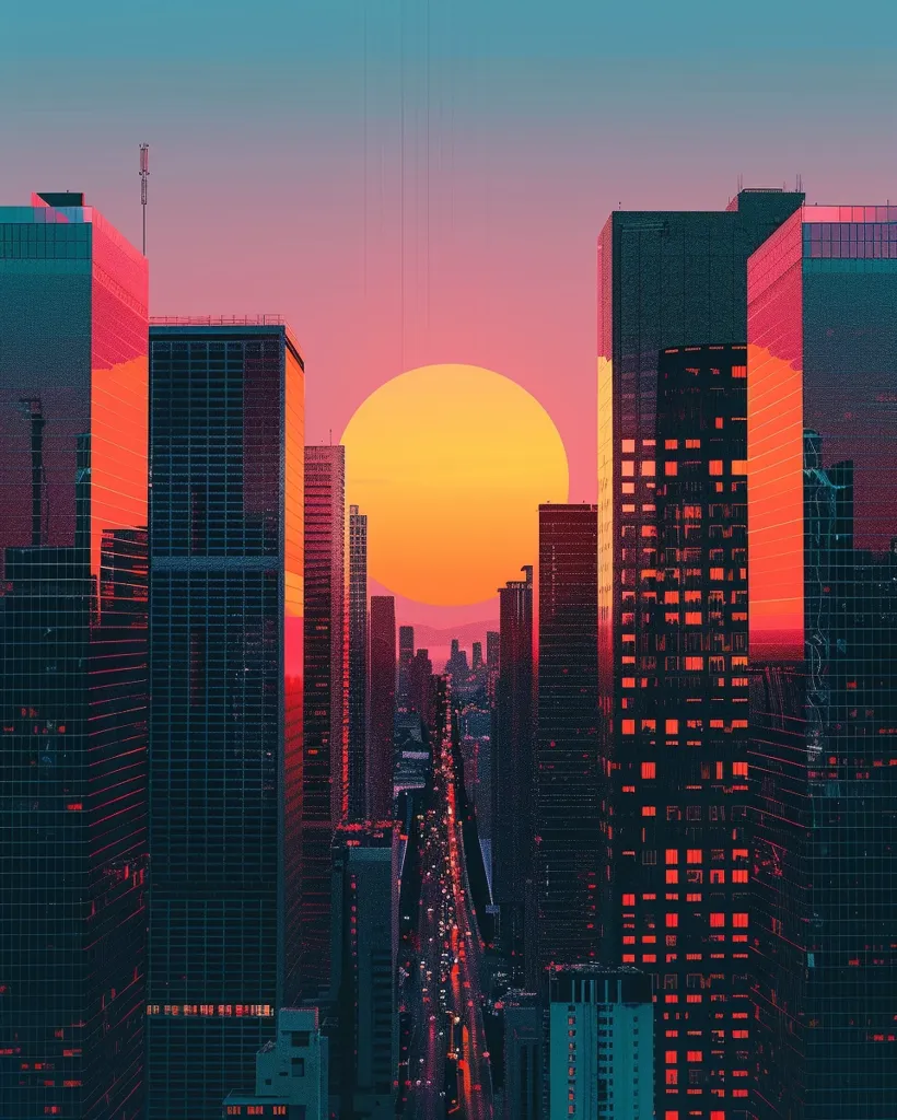 A large, orange sun hangs over a cityscape at sunset, casting a warm glow across tall, modern buildings. The city is filled with a network of roads and highways, busy with traffic, while a vibrant pink and blue sky adds to the atmospheric scene.  The image feels like a digital painting, with a pixelated and stylized aesthetic.