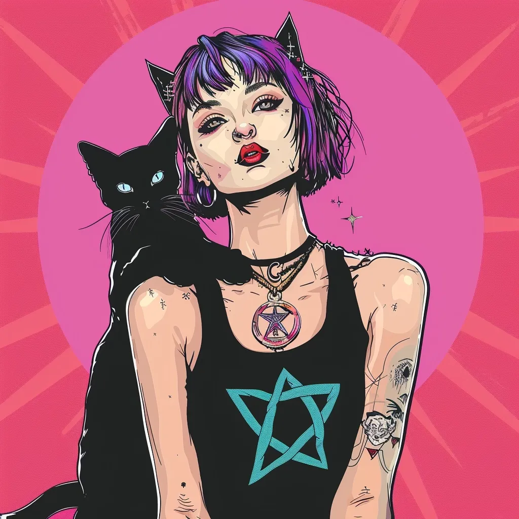 The illustration depicts a young woman with vibrant purple hair, wearing a black tank top adorned with a large turquoise pentagram. She has a piercing nose ring and multiple necklaces, including one with a pentagram pendant.  A black cat is perched on her shoulder, looking directly at the viewer. The background is a pink circle with radial lines emanating from it, creating a sense of movement and energy. The overall style is cartoonish and vibrant, with a touch of goth aesthetic.