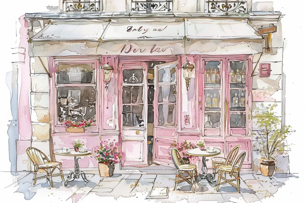 The watercolor painting depicts a charming Parisian storefront with a pink facade and a white awning. The shop is called "Droly and Der Tau," and its windows display a variety of goods, possibly liquor or wine. Two tables with chairs are set out in front, inviting passersby to relax and enjoy the ambiance. The scene is filled with floral details and a sense of Parisian charm.
