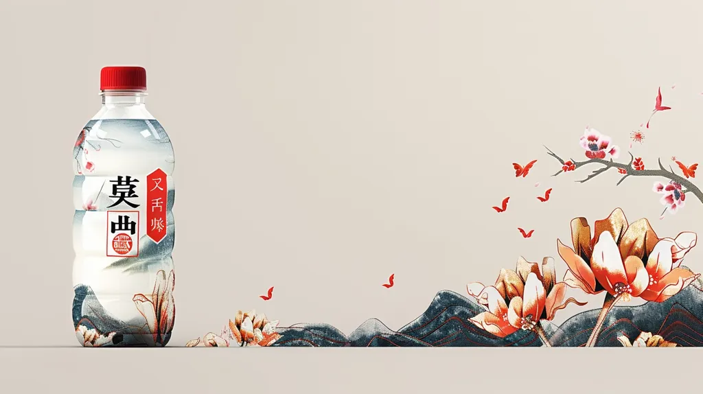 The image depicts a bottle of water with a Chinese design. The bottle has a red cap and a label with Chinese characters. The background is a soft beige with a mountain and flowers painted in a watercolor style. The image has a minimalist feel and is aesthetically pleasing.