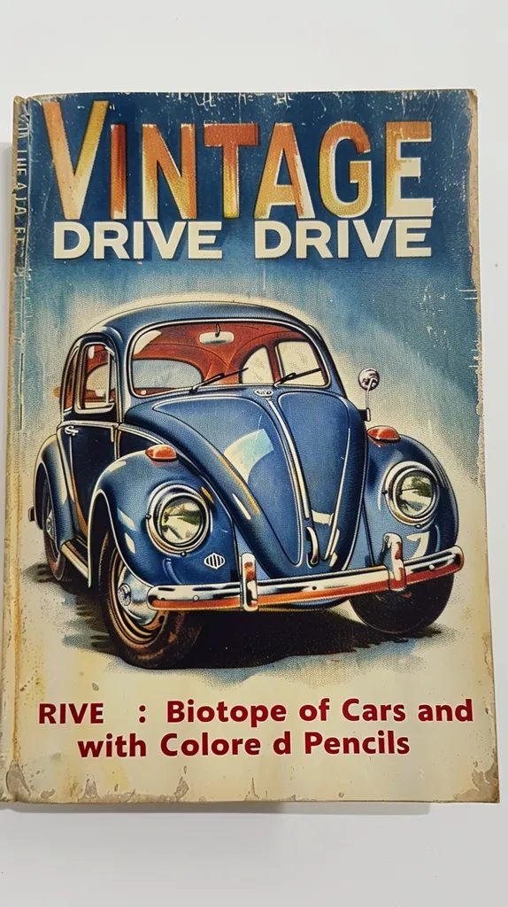 The image shows the cover of a vintage coloring book titled "Vintage Drive Drive." The cover features a blue Volkswagen Beetle in the center, surrounded by a light blue background with the title written in red and yellow letters. The bottom of the cover reads "RIVE: Biotope of Cars and with Colored Pencils." The book is worn and aged.