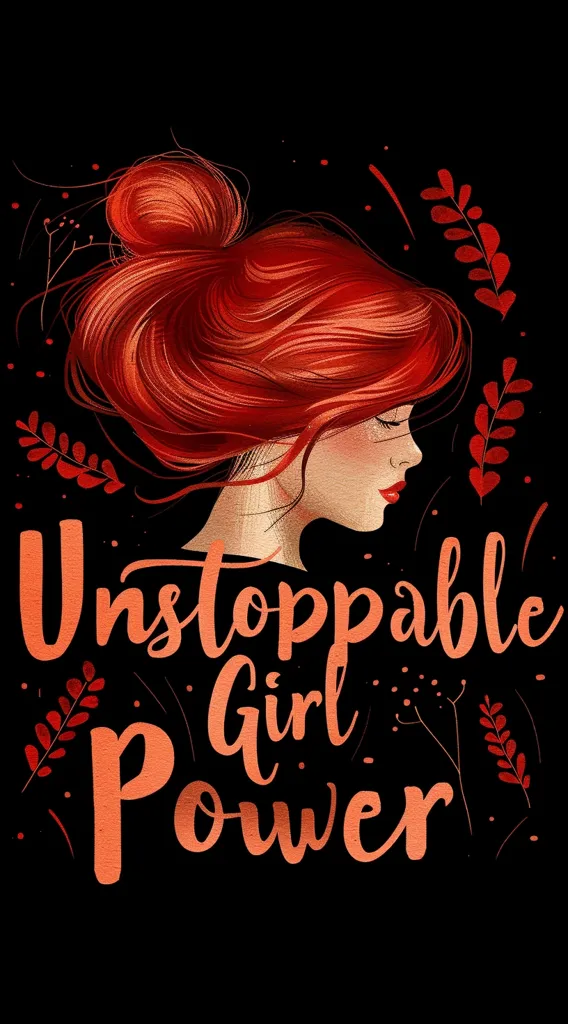 The image depicts a woman with long red hair in a bun, her face turned away from the viewer. The background is black with scattered red floral elements. Below the woman's head, the phrase "Unstoppable Girl Power" is written in a bold, cursive font. The image promotes female empowerment and strength.