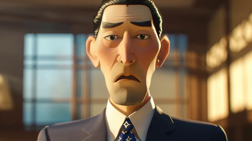 The image shows a close-up of a man's face, a computer-animated character. His expression is one of concern and sadness, with furrowed brows and a downturned mouth. He has dark hair and is wearing a dark blue suit and a white shirt with a patterned tie. The background is blurry and suggests he is in an office setting.