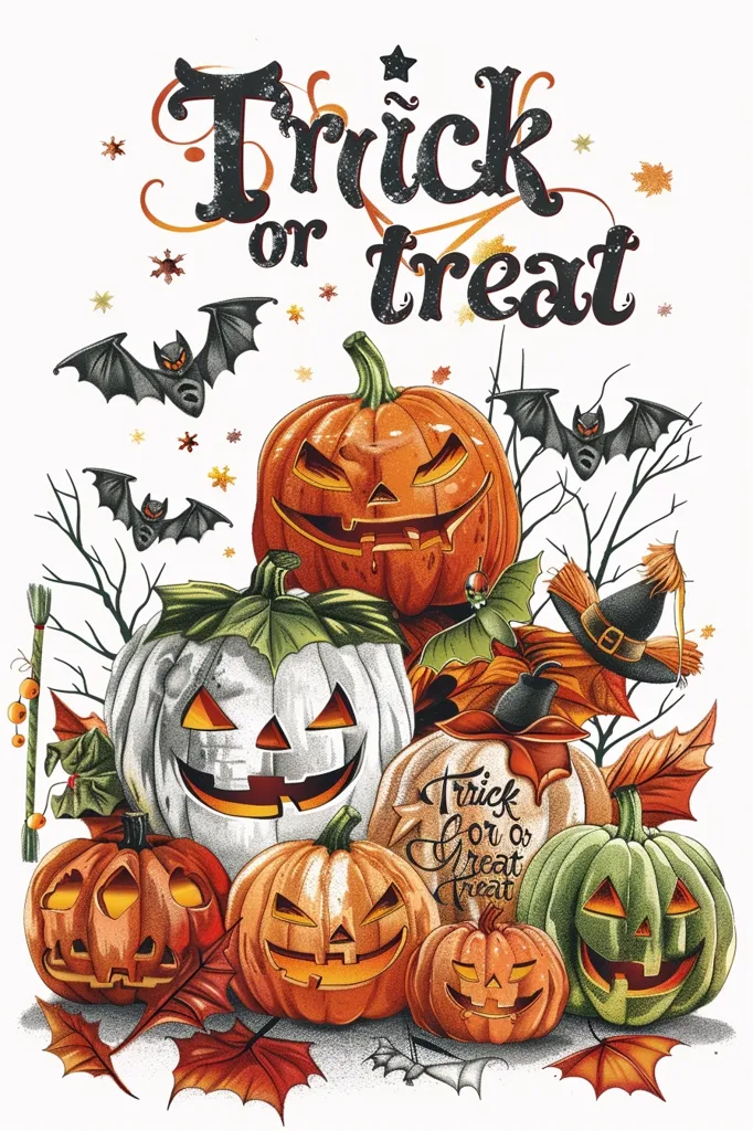 The image is a Halloween-themed illustration.  It features five carved pumpkins with smiling faces, two bats, a witch's hat and a variety of autumn leaves.  The text reads "Trick or Treat".   The colors are vibrant and the style is whimsical.  The overall message is light-hearted and celebratory.