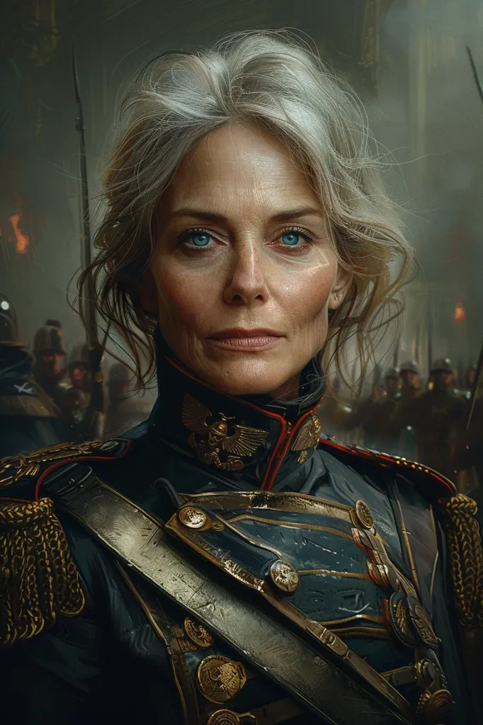 The image shows a woman with silver hair, wearing a military uniform with ornate gold buttons and trim. Her piercing blue eyes look directly at the viewer, conveying a sense of authority and strength.  She stands before a backdrop of blurred soldiers, suggesting a scene of wartime or military command.  The lighting is dramatic, highlighting her features and emphasizing her stoic expression.
