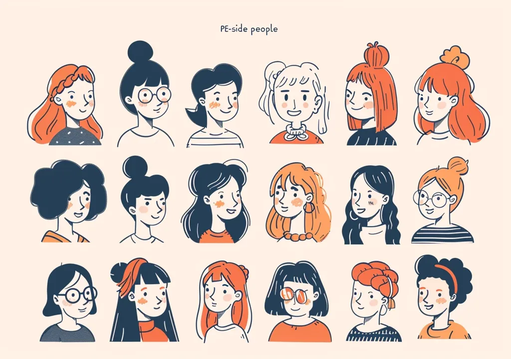 The image shows 18 cartoon illustrations of women with various hairstyles and expressions. They are all facing the right side, hence the title "PE-side people". They are diverse in terms of hair color, eye color, and clothing style.  The illustrations have a playful and friendly aesthetic.  The background is a soft, creamy color.
