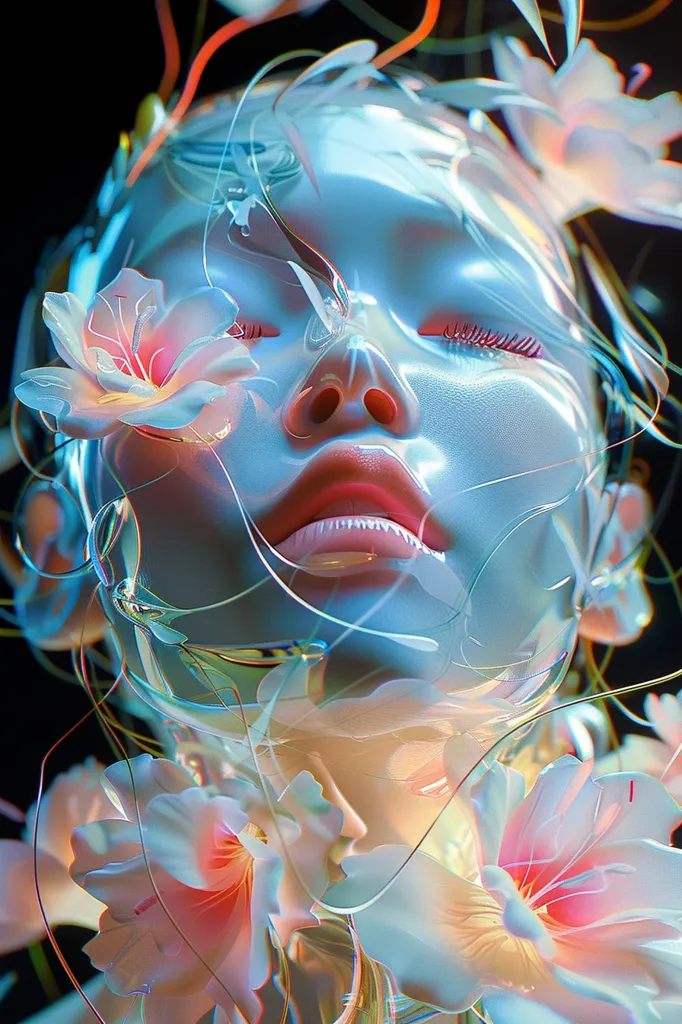 The image depicts a woman's face, glowing with an ethereal blue light. Her eyes are closed, and her lips are slightly parted, giving the impression of serenity. Her face is surrounded by delicate, white flowers with a hint of pink, creating a dreamlike atmosphere. The image is filled with intricate, vibrant details, resembling a digital artwork, and evokes a sense of beauty and tranquility.