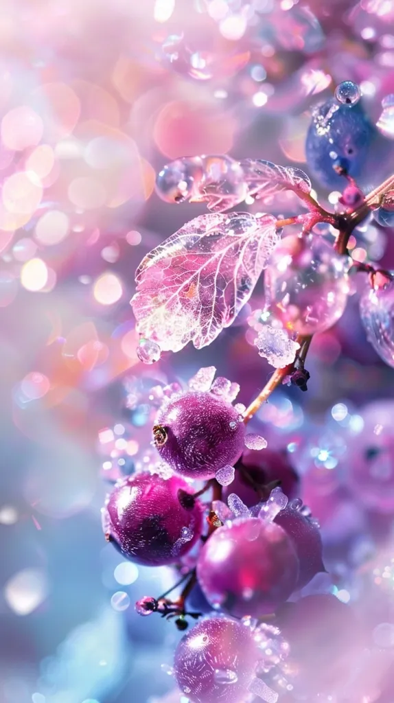 A cluster of deep purple berries covered in shimmering droplets of water hangs from a delicate vine. The berries are surrounded by a soft, dreamy blur of light, creating a sense of magical beauty. The image captures a moment of ethereal stillness, where nature's delicate details are illuminated by the play of light and water.