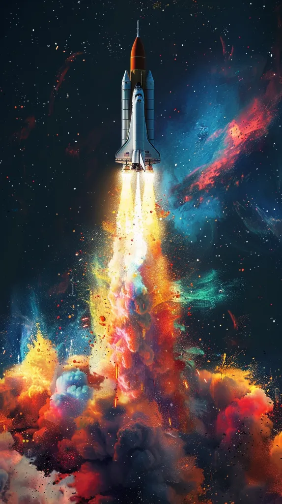 A space shuttle blasts off into space, leaving behind a trail of colorful smoke and fire. The rocket is silhouetted against a starry sky, with a nebula visible in the background. The image is full of vibrant colors and movement, capturing the excitement and wonder of space exploration.