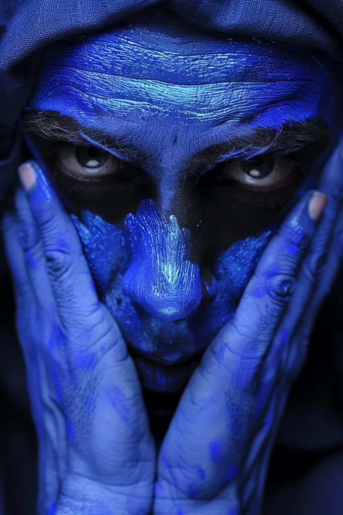 The image shows a close-up of a person's face, painted entirely blue. The person is looking down, with their hands cupped around their cheeks. The blue paint is applied in a textured manner, creating a striking contrast against their dark eyes. The overall mood of the image is mysterious and somewhat melancholic. The blue paint suggests a sense of sadness or isolation.