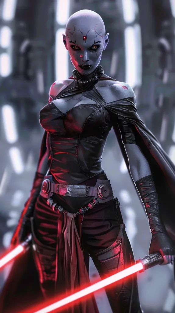 The image shows a female character from the Star Wars universe. She has pale blue skin, red eyes, and a red dot on her forehead. She is wearing a black leather outfit, a red scarf, and a silver belt. She is holding two red lightsabers, one in each hand. She stands in a dark, futuristic environment, her expression stern and determined. The image conveys a sense of power and danger.