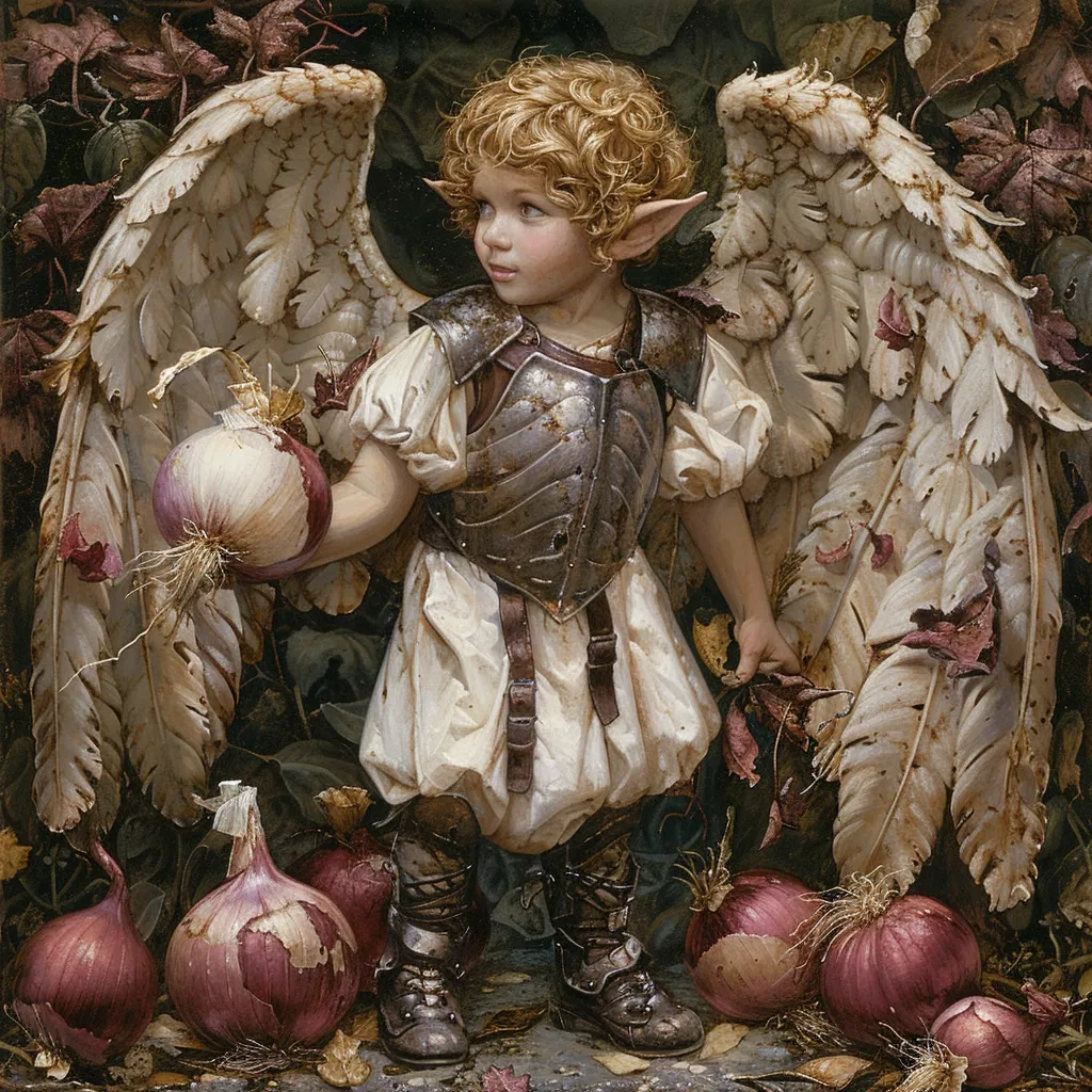 The painting depicts a young, winged, fairy-like creature with pointed ears and blond hair. They are wearing a white tunic and armor, and are holding a large onion in their hand. The creature is surrounded by autumn leaves and several onions. The overall atmosphere is whimsical and magical. The creature's youthful features and the abundance of onions suggest a theme of innocence and abundance. The painting is a striking example of fantasy art, capturing the beauty of a magical world.