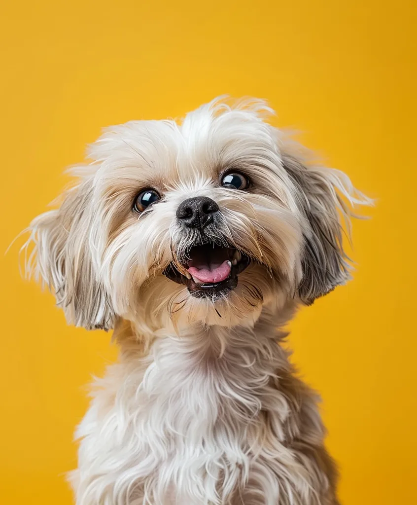 A small, white and brown dog with fluffy fur is looking directly at the camera. The dog has a big smile on its face, revealing a pink tongue. The dog's fur is soft and fluffy, and its eyes are bright and curious. The dog is against a bright yellow background, and its happy expression is contagious.