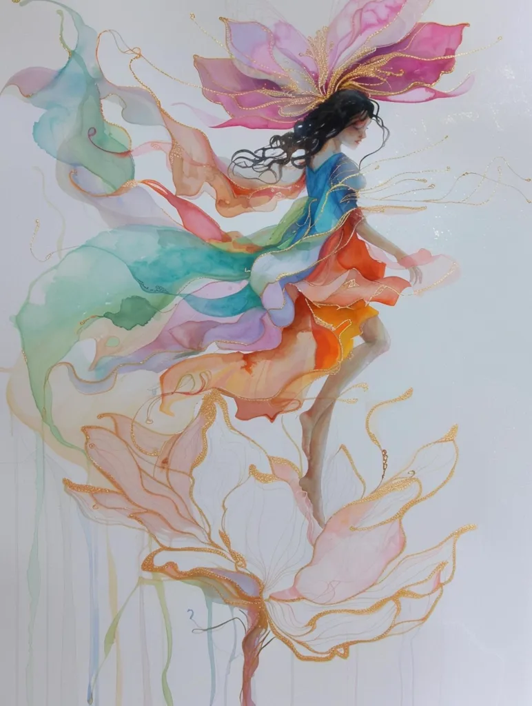 A watercolor painting depicts a woman with long dark hair standing atop a large, delicate flower. She wears a flowing dress adorned with gold accents, blending seamlessly with the flower's petals. The woman's form is enveloped by soft, ethereal layers of pink, orange, green, and purple, creating an impression of weightlessness and dreamlike beauty. Golden accents and details add a touch of luxury and sparkle to the overall composition.  The image is reminiscent of a fairy tale or a whimsical fantasy.