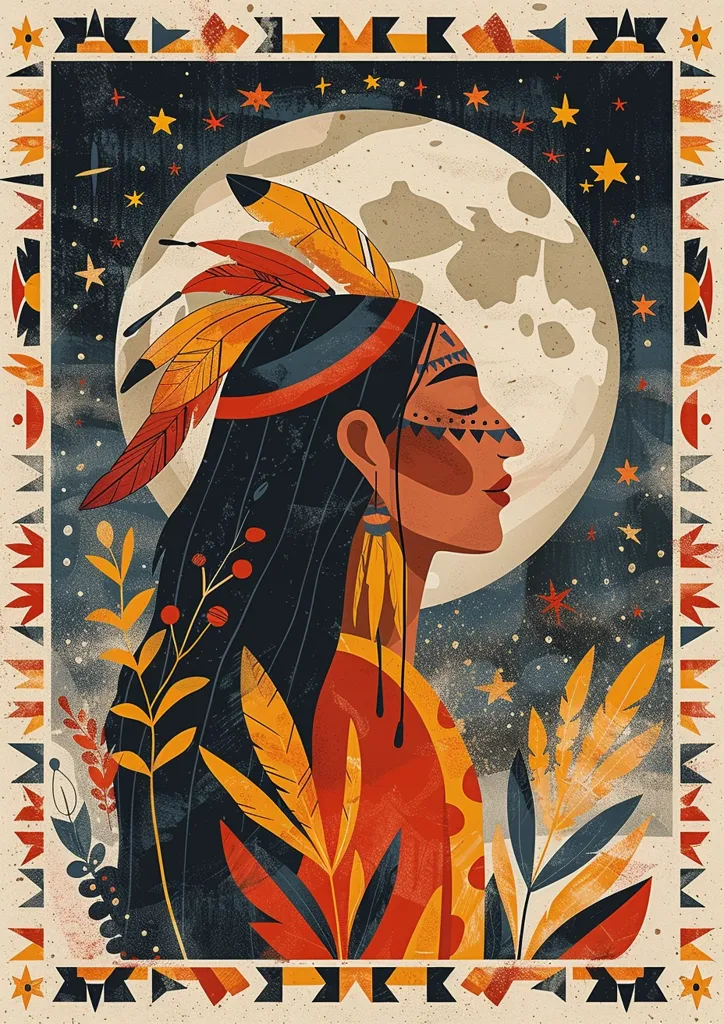 The image is a stylized portrait of a Native American woman with long black hair, wearing a traditional headdress. She is depicted against a backdrop of a large moon and a starry sky, with floral elements surrounding her. The colors are vibrant and the style is bold, creating a sense of strength and beauty. The image celebrates Native American culture and heritage.