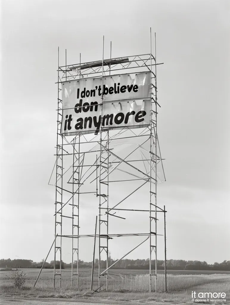 A black and white image of a large billboard in the middle of a field. The billboard is made of scaffolding and features a large banner with the words "I don't believe it anymore". The banner is torn and faded, and the scaffolding is rusty and weathered. The field is overgrown with grass and weeds. The sky is overcast. The image is a commentary on the loss of faith and the erosion of belief.