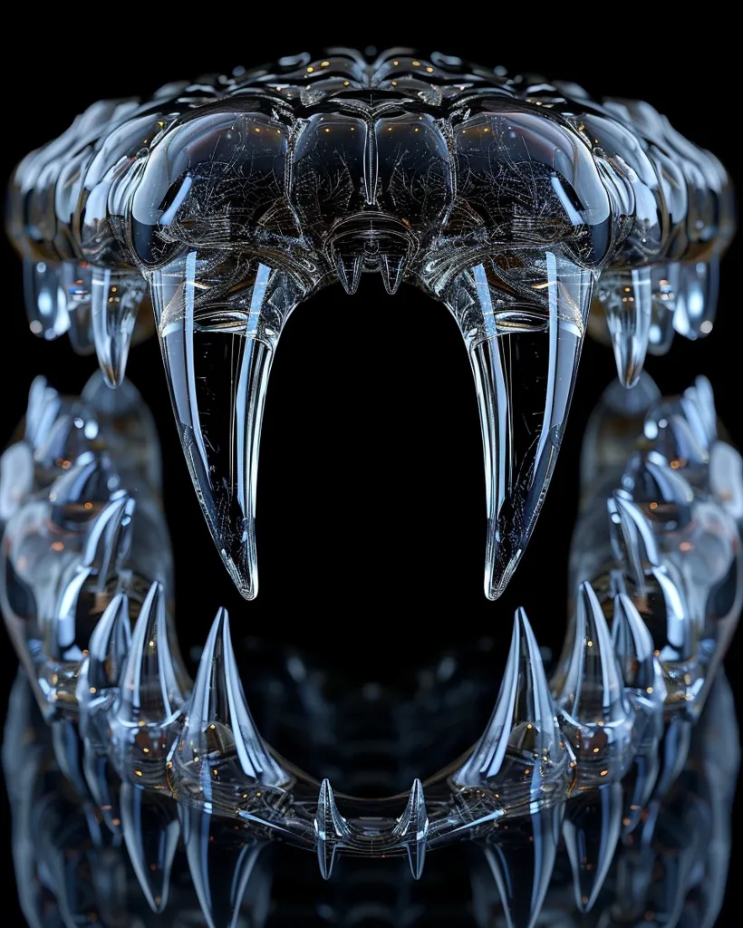 A 3D rendering of a menacing, transparent, glass jaw, with sharp, pointed teeth. The jaw is open, revealing the sharp points of the teeth. The image is set against a black background and the glass reflects light, creating a sense of depth and texture.  The image is symmetrical and the design is intricate.