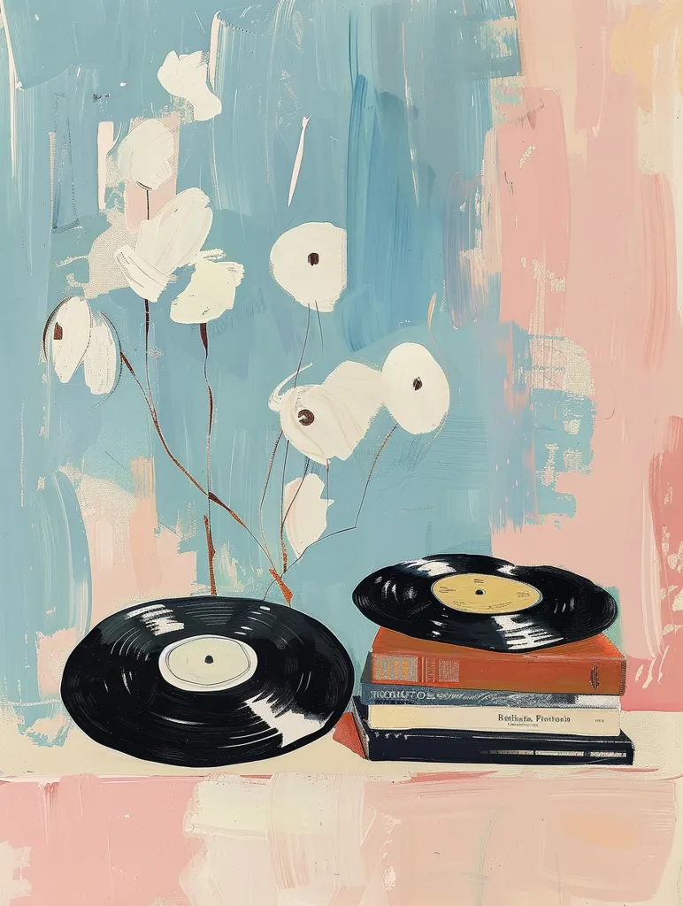 The painting features a blue and pink background with a stylized white flower branch. In the foreground, two black vinyl records are stacked on a set of books. The record in the front is on a pink surface, while the one behind is on a white surface.  The overall feel of the painting is one of tranquility and calm.